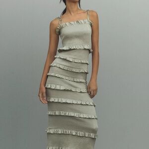 V. Chapman Lily Ruched & Ruffled Stretch Satin Midi Dress in Sage